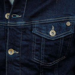 BSMC Denim Jacket - Resistant Indigo, pocket detail and pin on John
