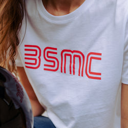 Leoma wearing our BSMC Women's '77 T Shirt - White/Red