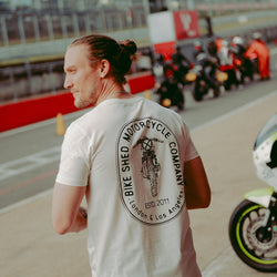 Steve wearing our BSMC Drop Bars T Shirt - White