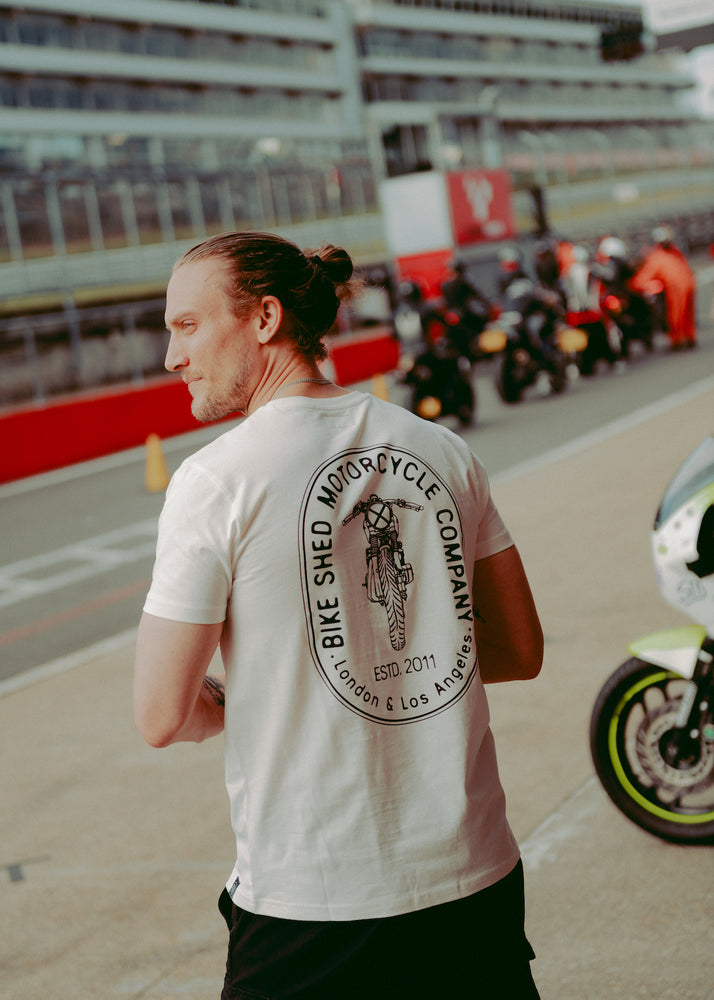 Steve wearing our BSMC Drop Bars T Shirt - White