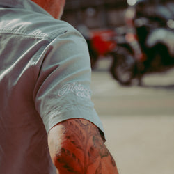 Sleeve detail of our BSMC Garage Patch Shirt - Blue