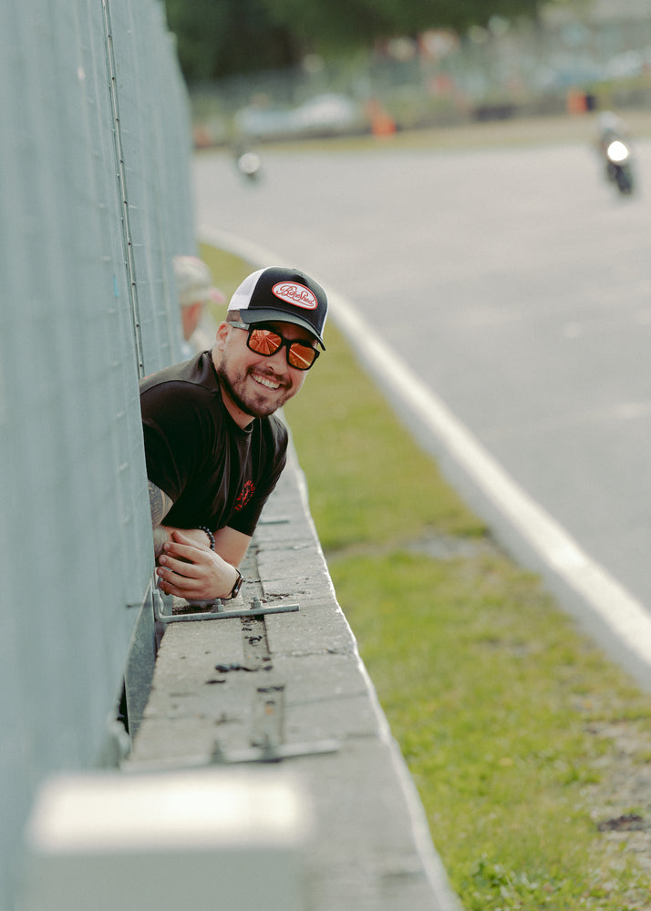 Will smiling wearing our BSMC Garage Patch Cap - Black/White