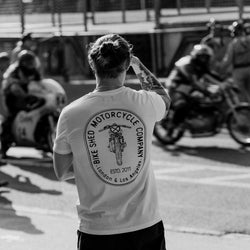 Steve wearing our BSMC Drop Bars T Shirt - White