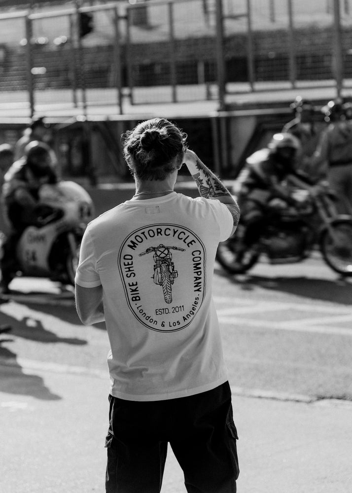 Steve wearing our BSMC Drop Bars T Shirt - White