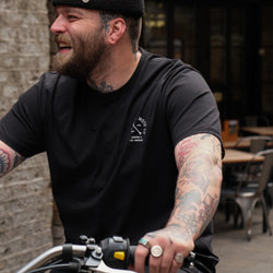 Liam wearing our BSMC Tracker Bars T-Shirt - Black