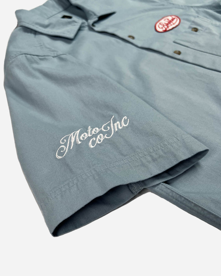 BSMC Garage Patch Shirt - Blue, sleeve logo close up
