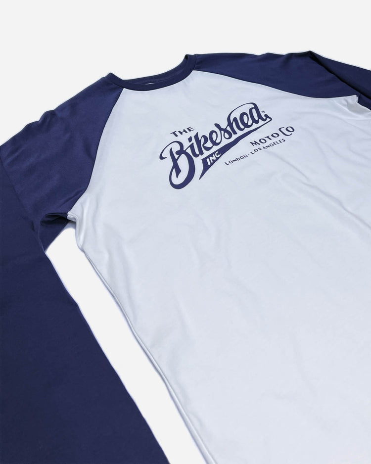BSMC Inc. Baseball Jersey LS - Navy/White, side on close up