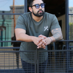Model wearing our BSMC Toolkit T-Shirt - Khaki