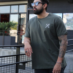 Model wearing our BSMC Toolkit T-Shirt - Khaki