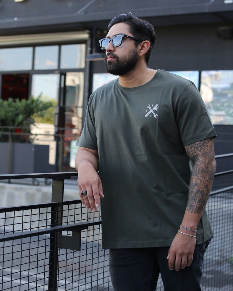Model wearing our BSMC Toolkit T-Shirt - Khaki