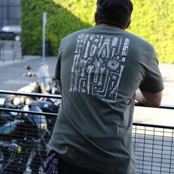 Model wearing our BSMC Toolkit T-Shirt - Khaki
