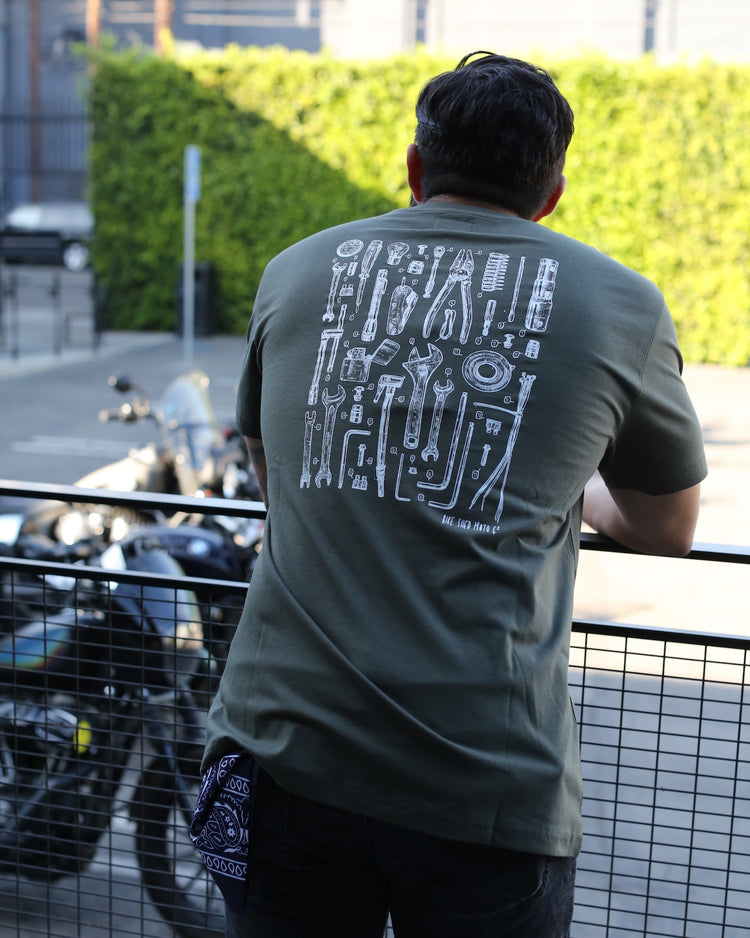 Model wearing our BSMC Toolkit T-Shirt - Khaki