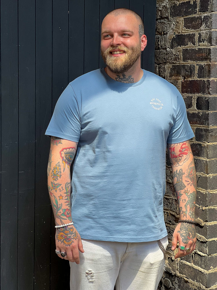 Liam wearing our BSMC LDN Rocker T Shirt - Blue