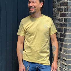 Magdy wearing our BSMC LA Rocker T Shirt - Sand