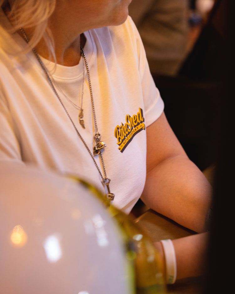 Logo close up on BSMC Mural T Shirt - White