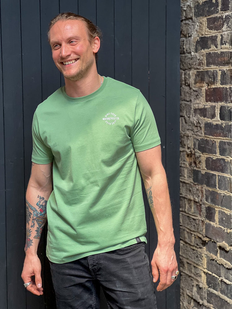 Steve wearing our BSMC Dual Rocker T Shirt - Green