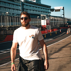 Alen wearing our BSMC Track Wolf T Shirt - Off White at a track day