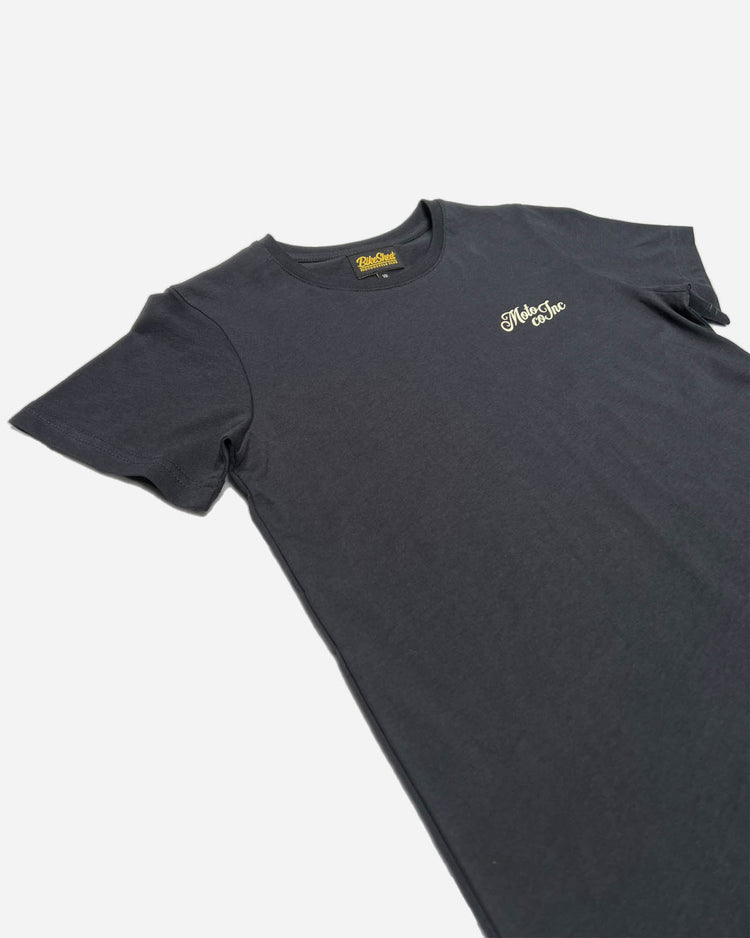 BSMC Women's Los Angeles T Shirt - Asphalt/Ecru, side on close up